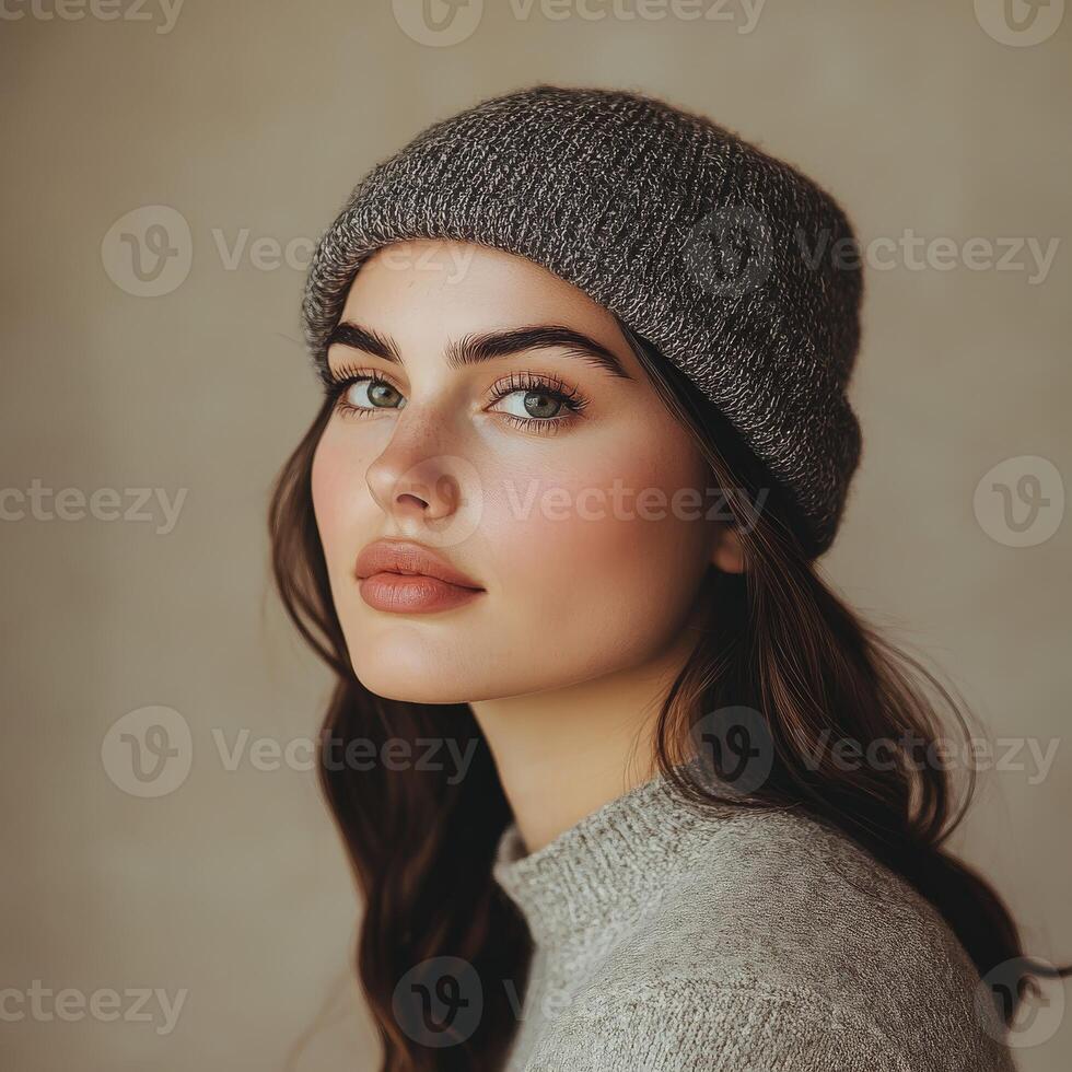 A woman wearing a gray knit hat photo