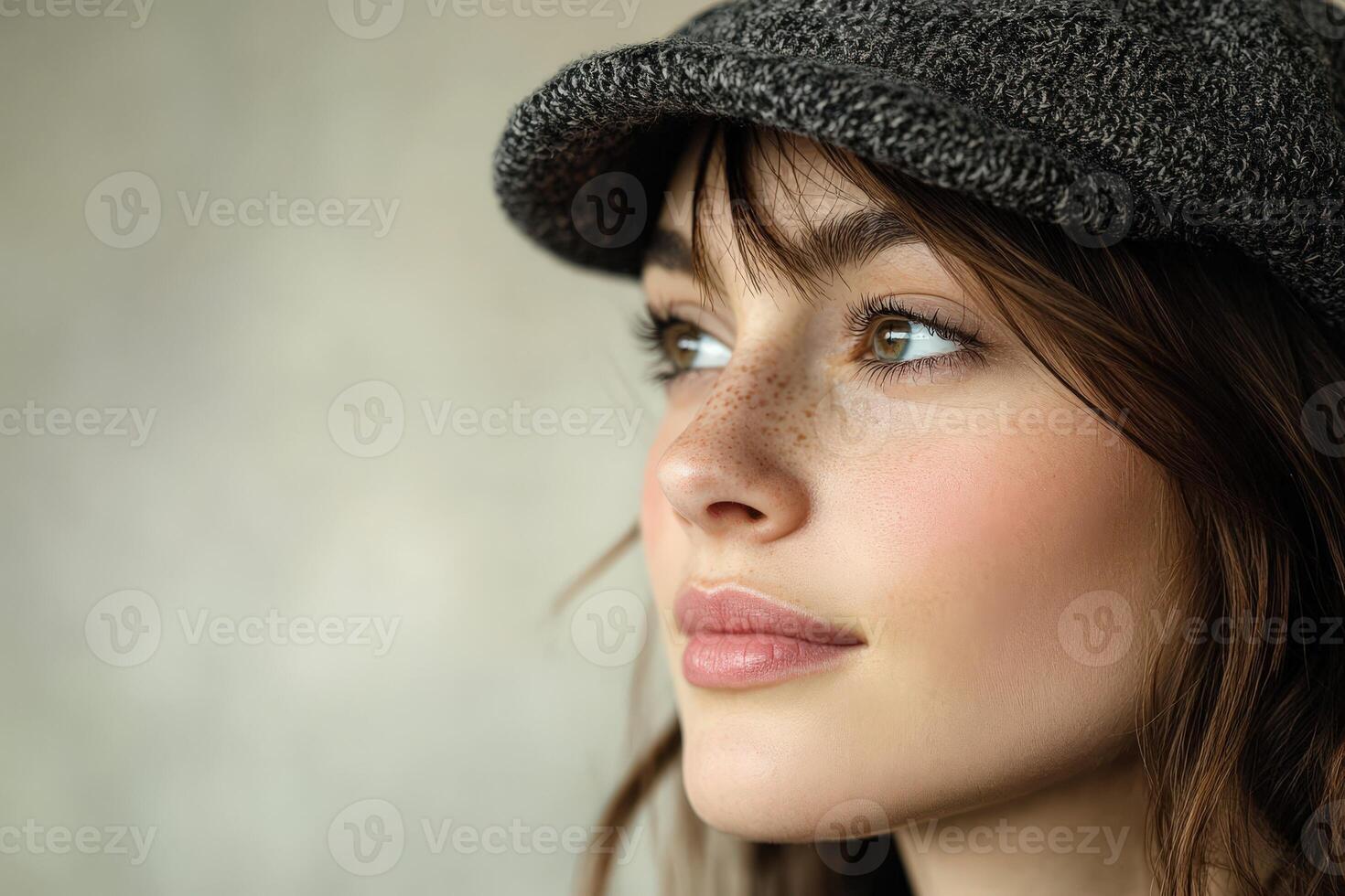 Young woman wearing cap and looking at something nearby photo