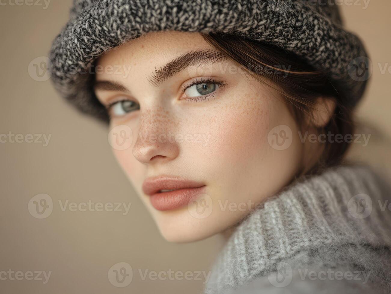 Beautiful young Woman Wearing gray Knitted Hat and Turtleneck Sweater photo