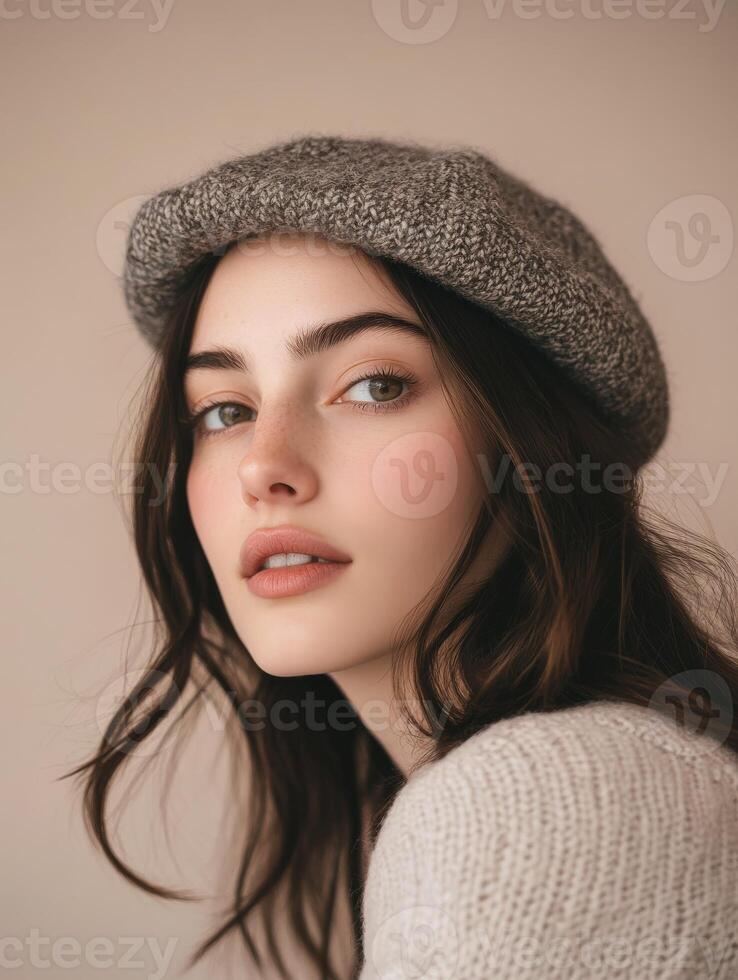 Young woman wearing grey beret looking at the camera photo