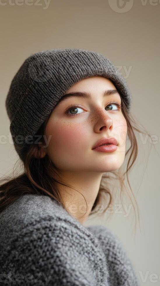 Portrait of beautiful Young Woman Wearing Knit Beanie and Sweater photo