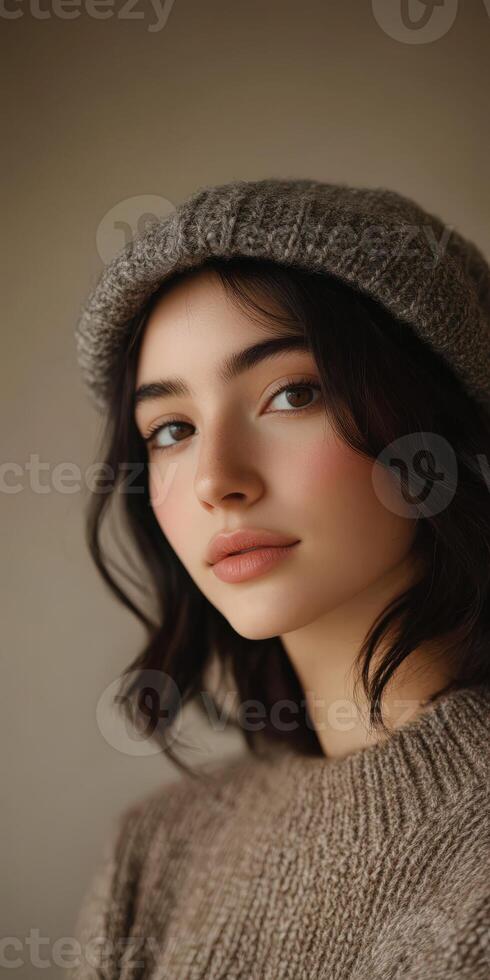 Portrait of a young woman in knitted hat and sweater photo