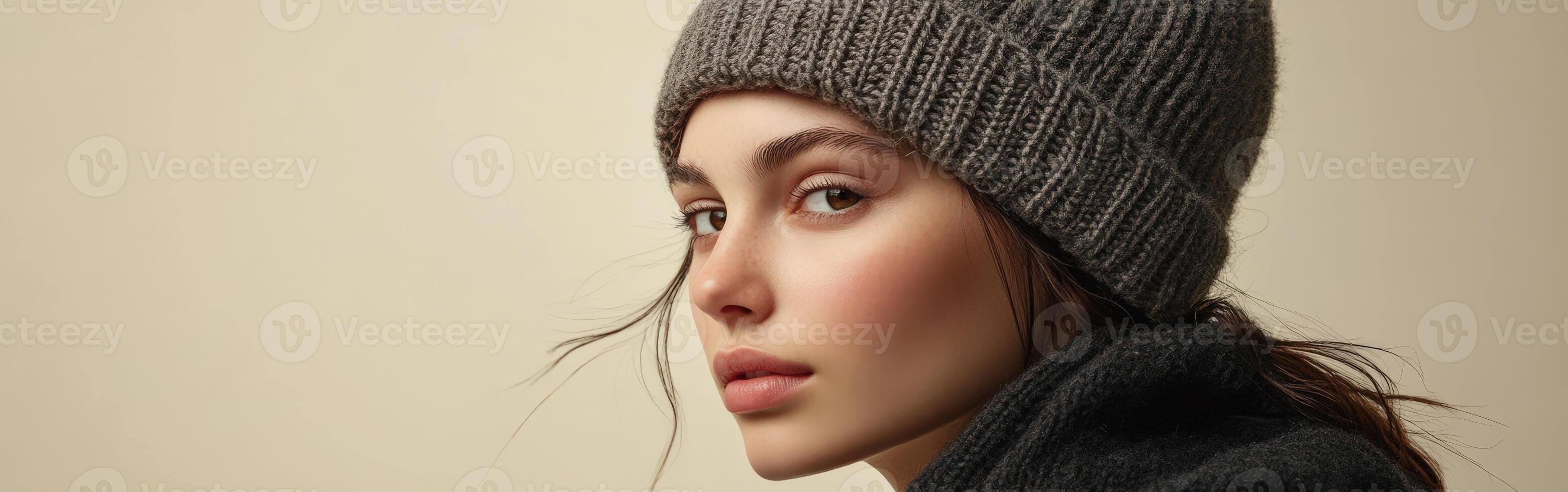Woman in grey knit beanie looks off to the side with neutral background photo