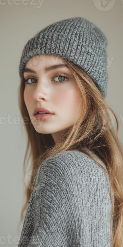Portrait of a young Woman Wearing a Knit Beanie Hat photo