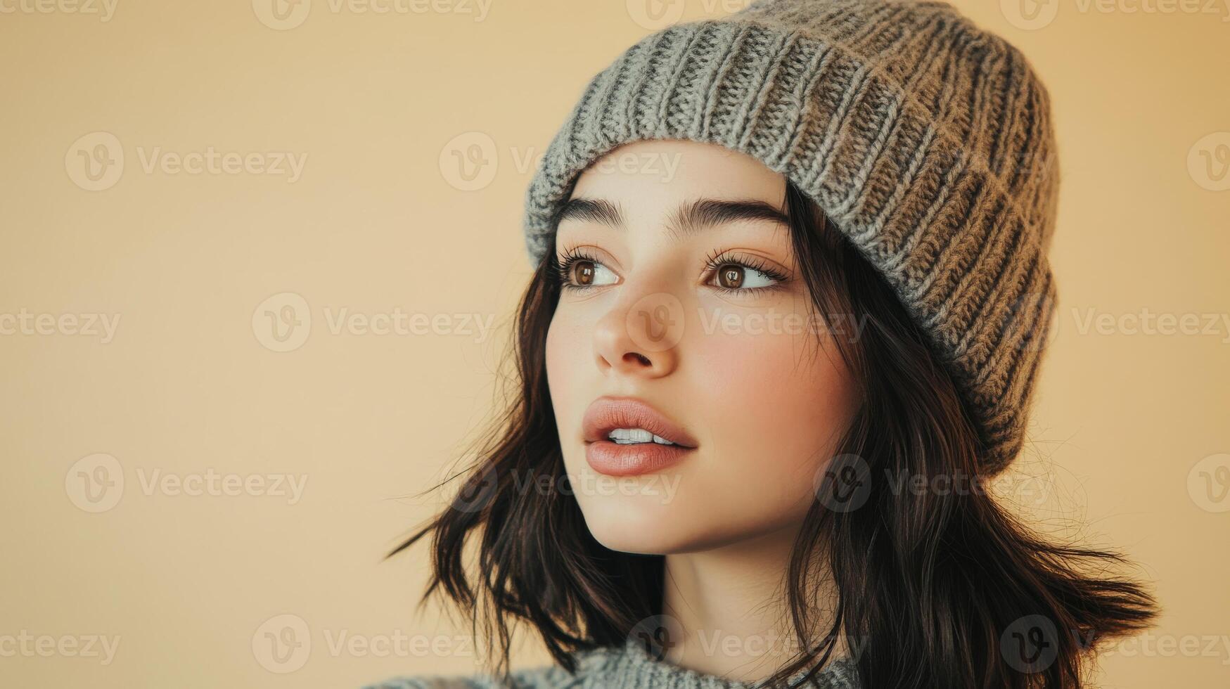 Young woman wearing winter hat looks towards future photo