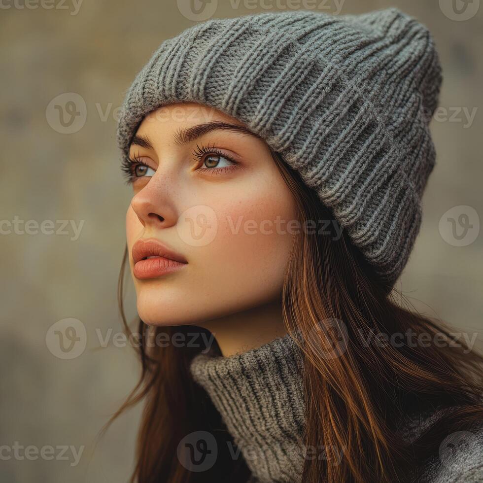 Portrait of young woman wearing a gray knit hat and sweater photo