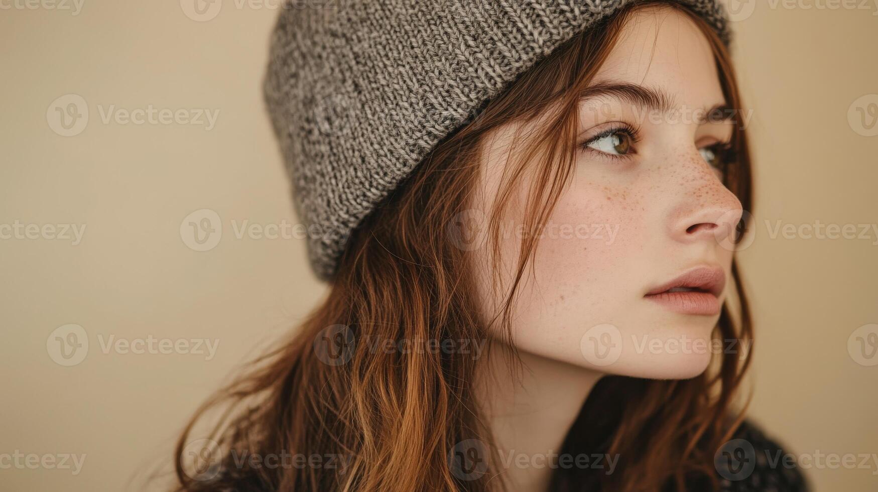 Beautiful young woman wearing gray knit beanie hat photo