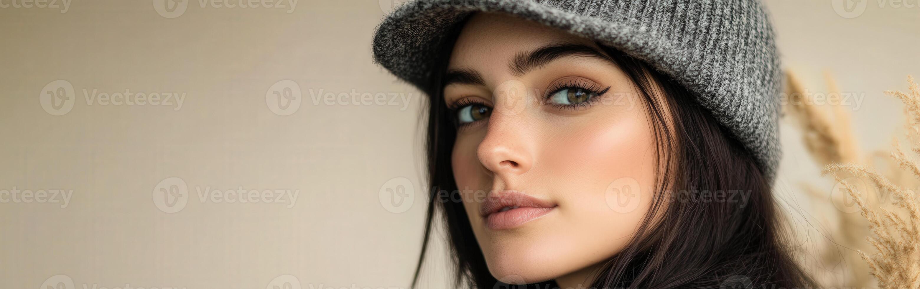 Close up portrait of woman wearing newsboy cap indoors photo