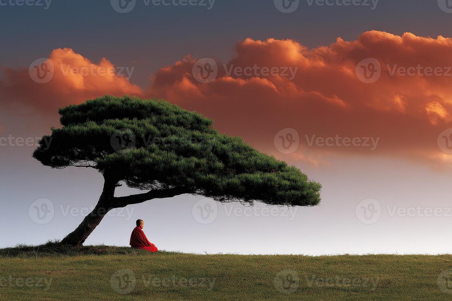 Monk meditates under large Tree at Sunset on grassy Hill photo