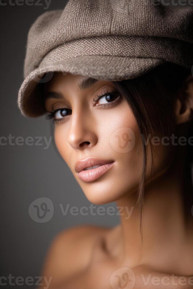 Attractive woman poses wearing cap in studio setting photo