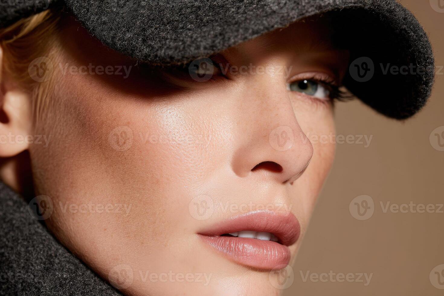 Close up of woman wearing gray cap and light makeup photo