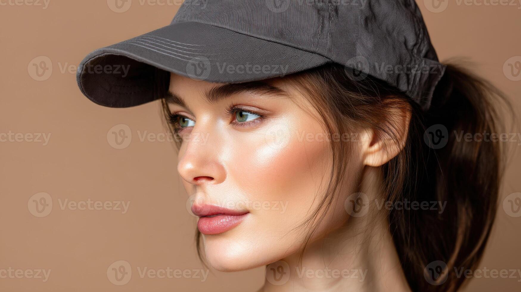 Woman with ponytail wearing baseball cap profile on beige photo