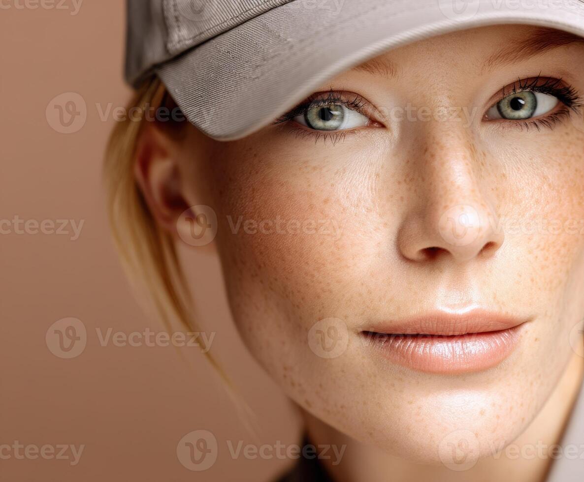 Woman with freckles wearing a cap looks at the camera photo