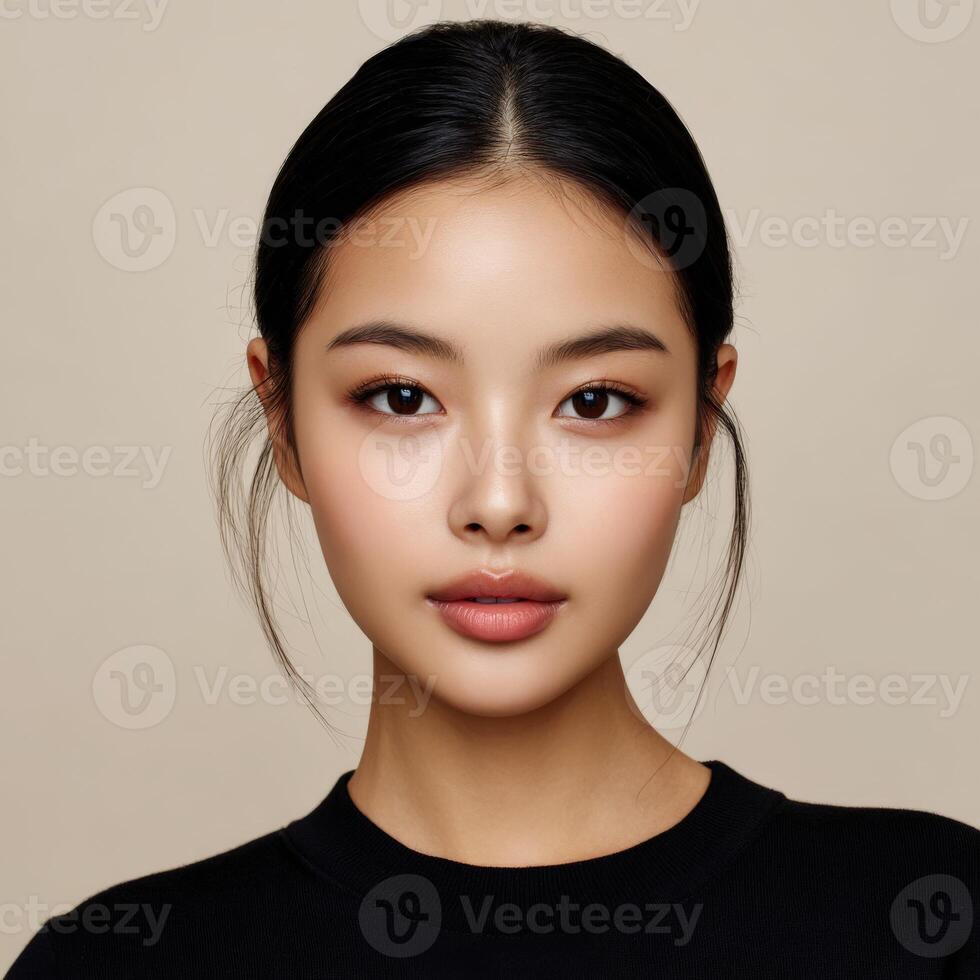 Attractive young Asian woman with black hair poses for portrait photo