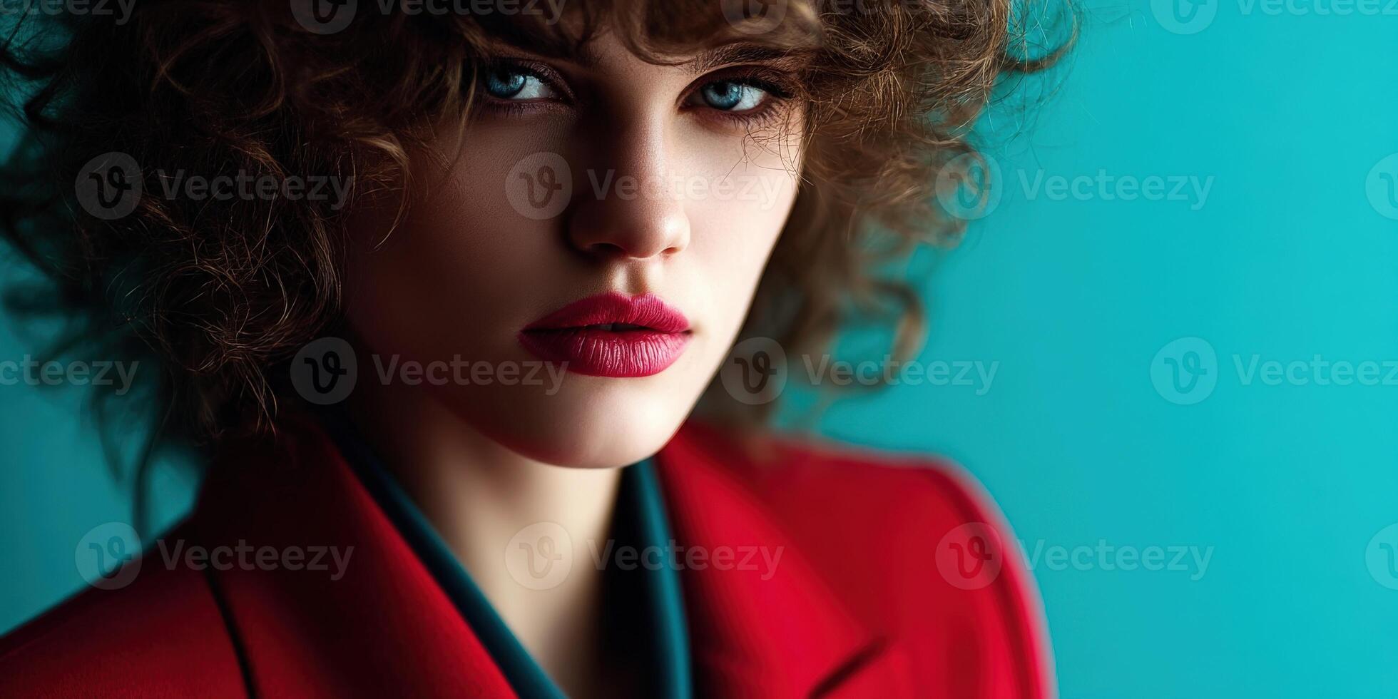 Portrait of beautiful woman wearing red blazer against turquoise background photo