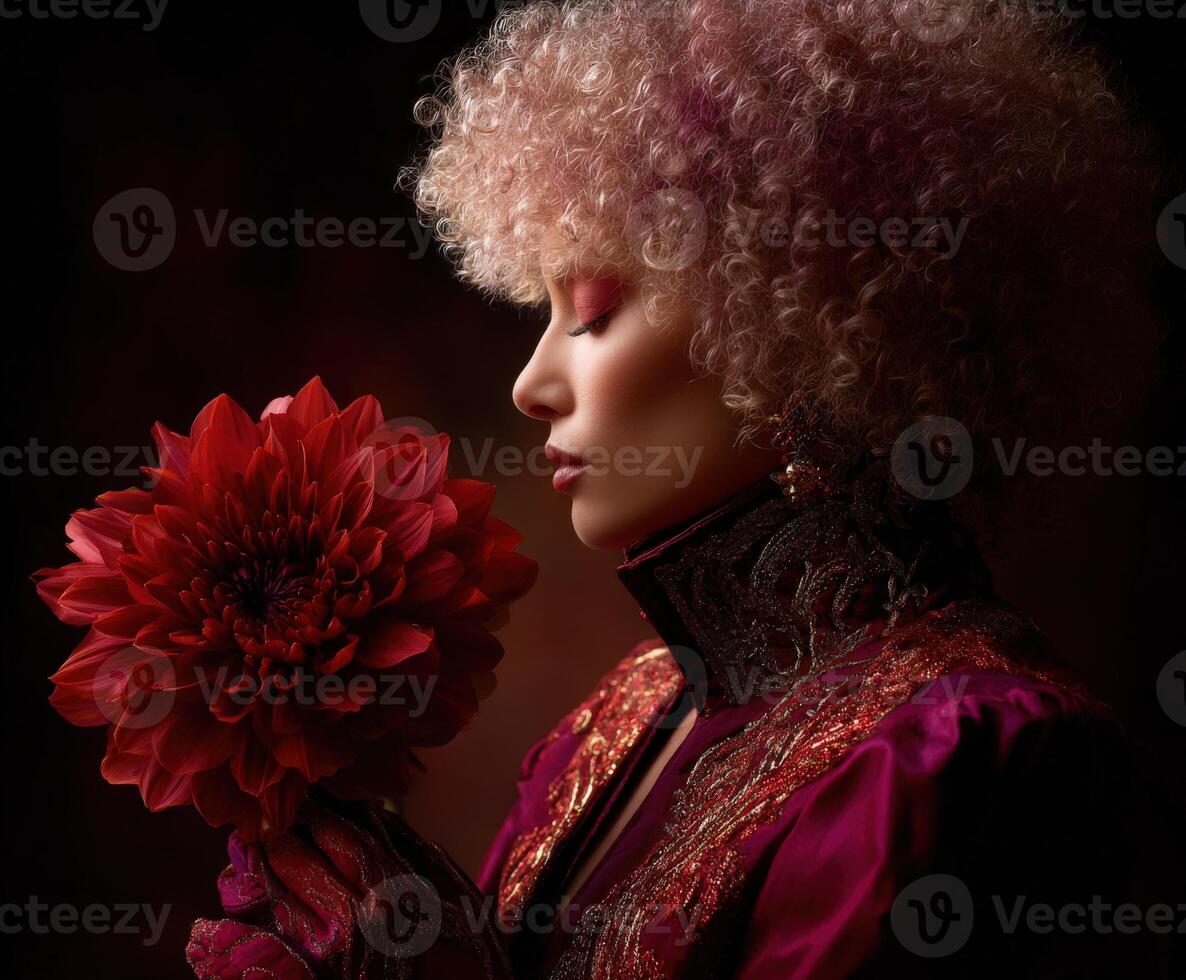 Elegant woman with pink afro holds red dahlia flower close photo
