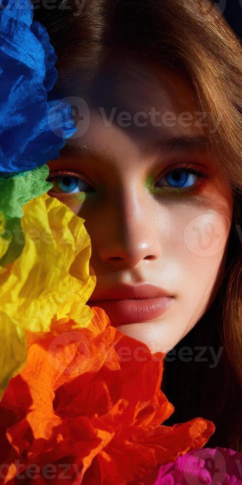 Close up of young Woman's face with colorful makeup and flowers photo