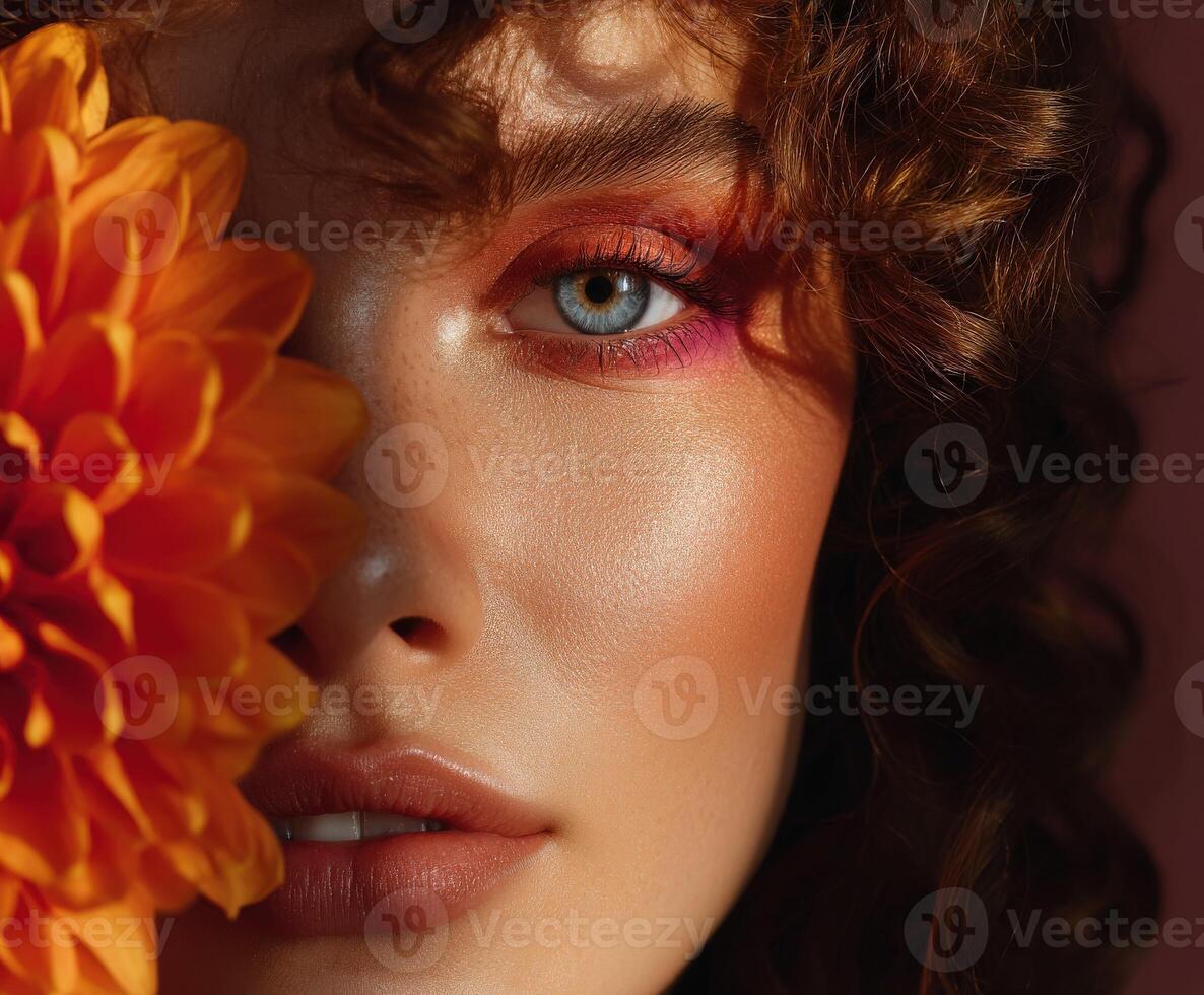 Attractive woman with orange flower and creative makeup portrait photo