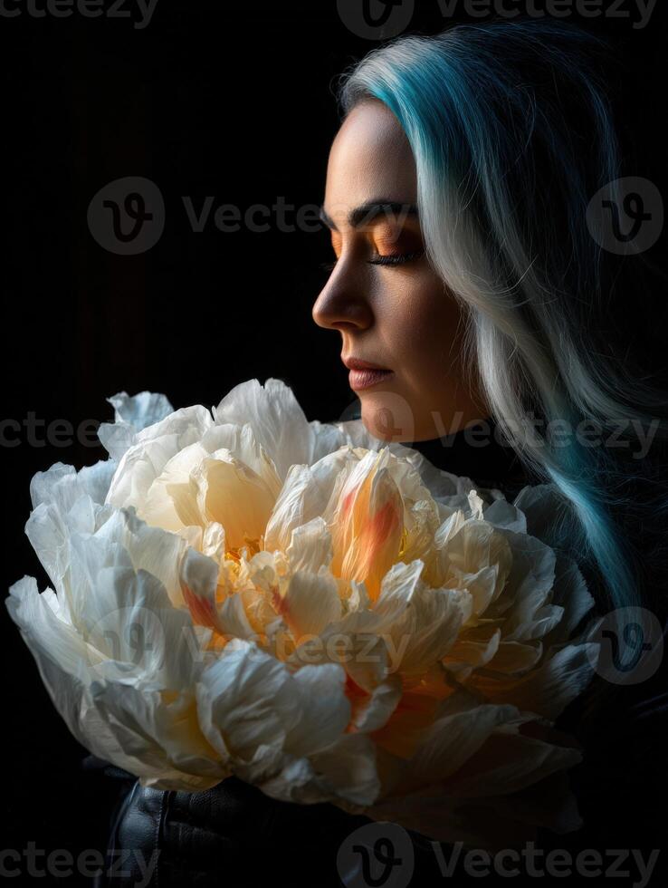 Woman smelling a beautiful white and orange blossom in studio photo