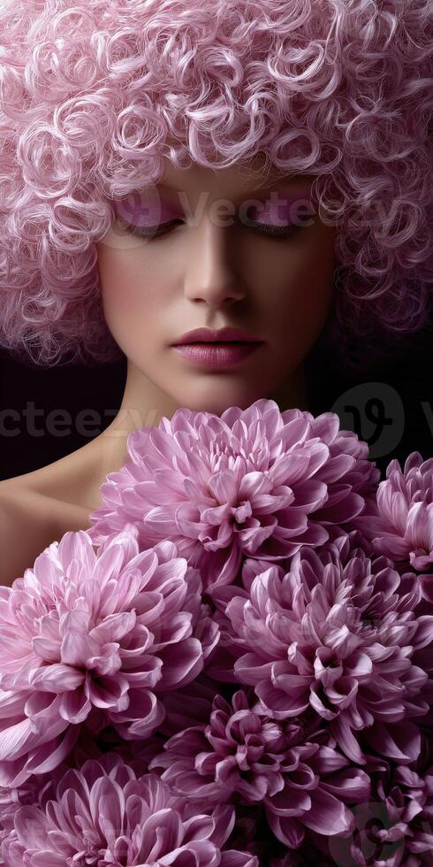 Woman with pink curly hair holding a bouquet of flowers photo