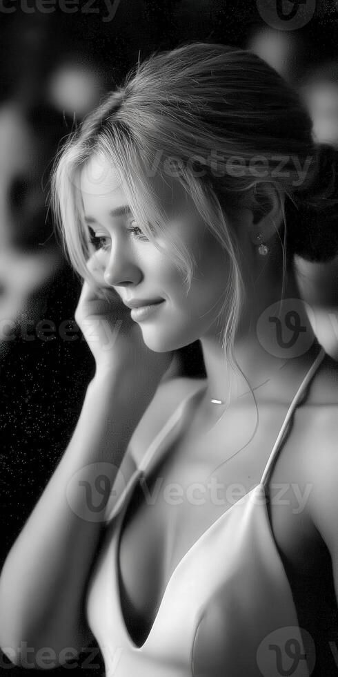 Pensive young woman with blonde hair resting chin on hand photo