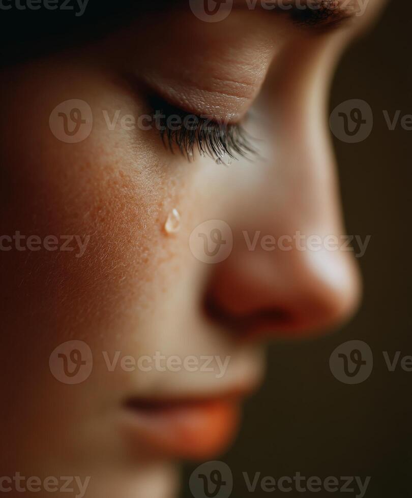 Close-up portrait shows sad girl with single tear photo