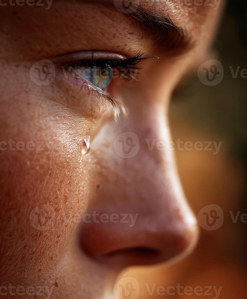 Woman Sheds a Tear near Her Nose in Sunlight photo