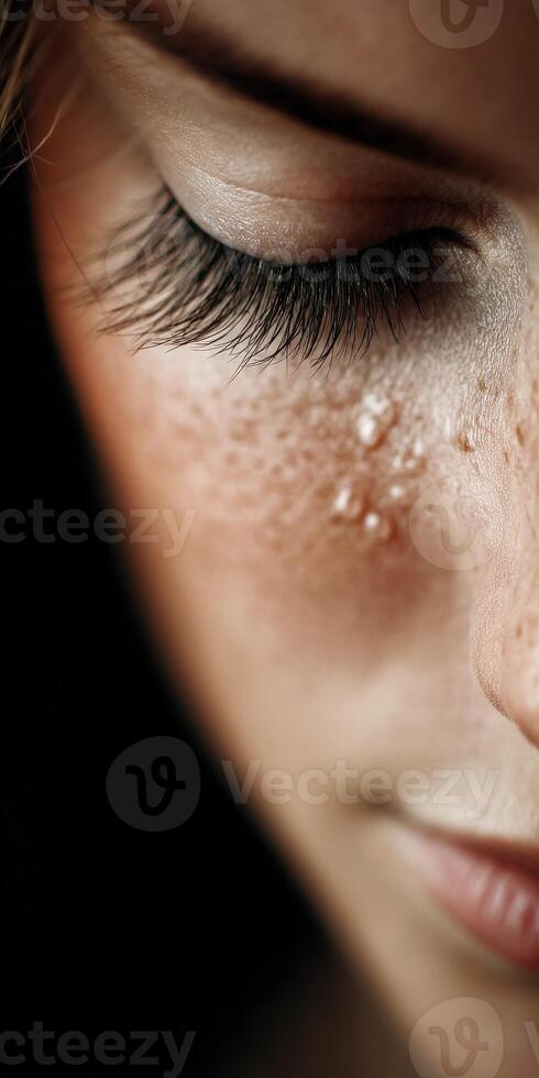 Woman with freckles closes eye, capturing natural beauty photo