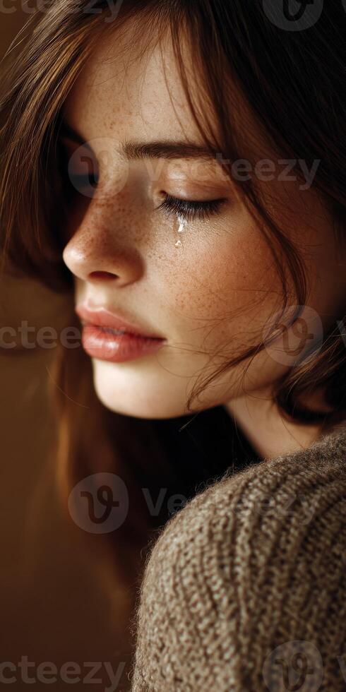 Young woman with freckles sheds a single tear down her face photo