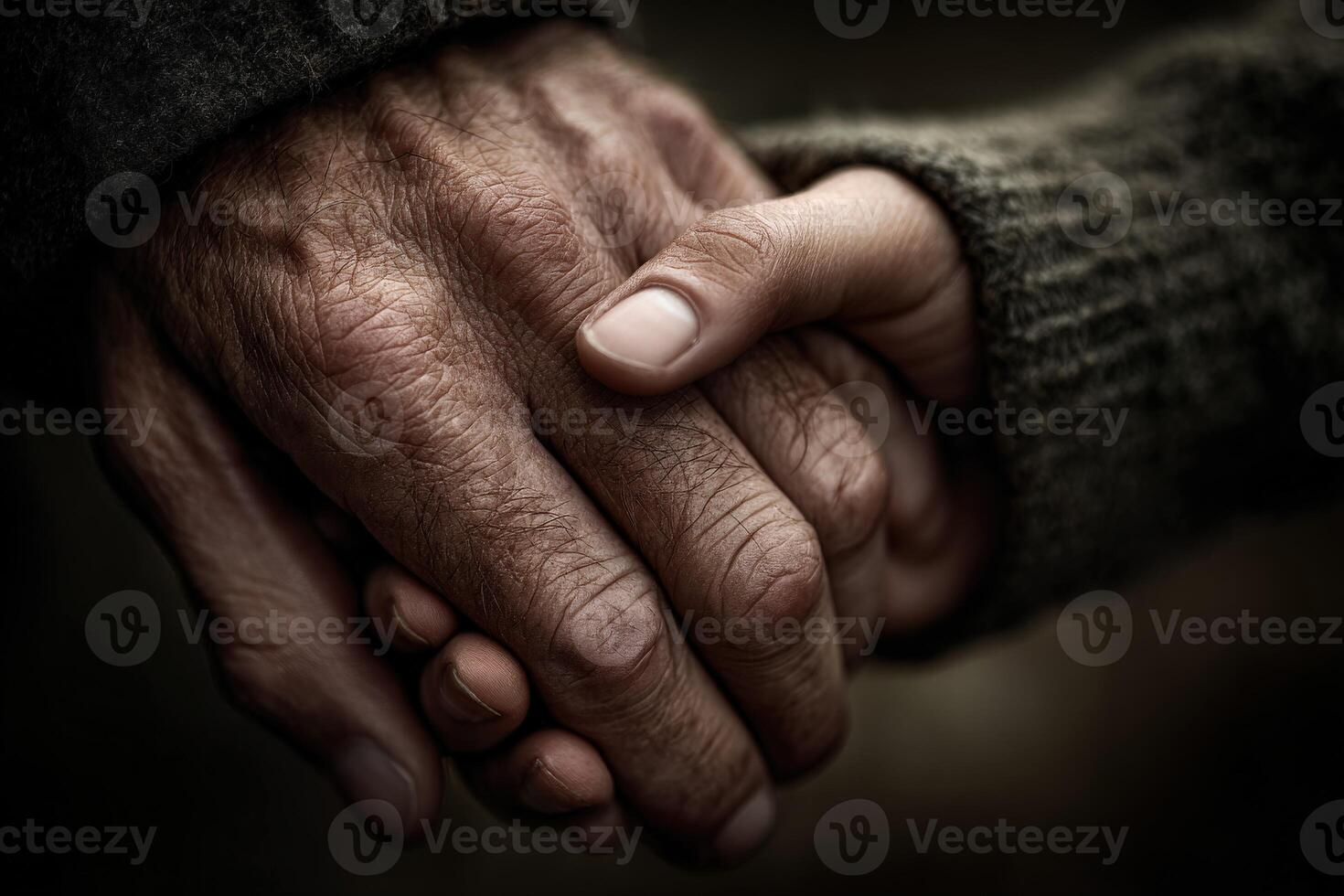 Man's hands clasp together showing texture and signs of age photo