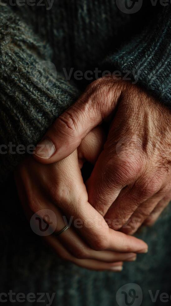 Hands interlocked, wearing a gray sweater inside photo