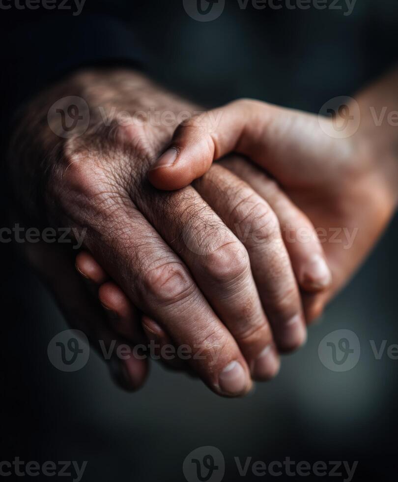 Close up of older adult and child holding hands in support photo