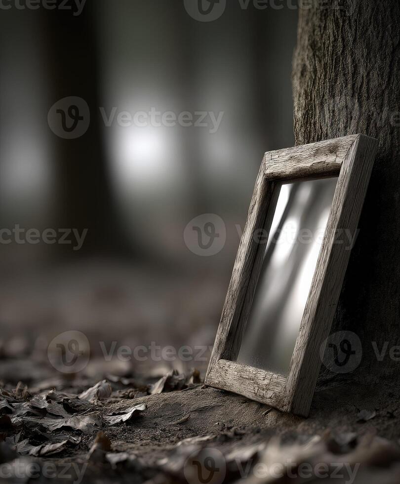 Lost mirror leans against tree in a dark mysterious forest photo