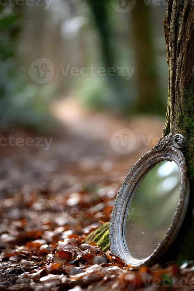 Vintage mirror leans against tree in woodland area photo