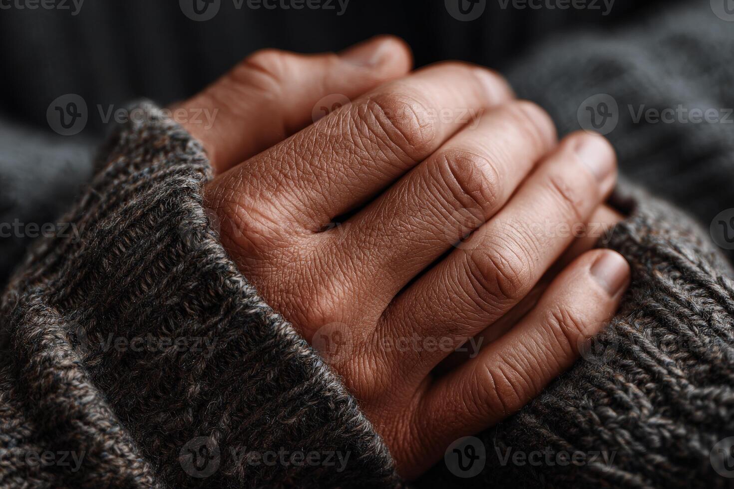 Hands warming in gray sweater sleeves on overcast afternoon photo