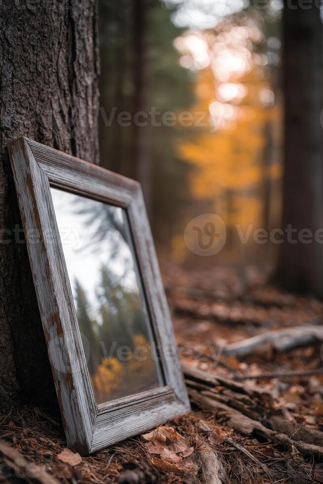 Mirror reflects Autumn trees in a Woodland forest scene photo