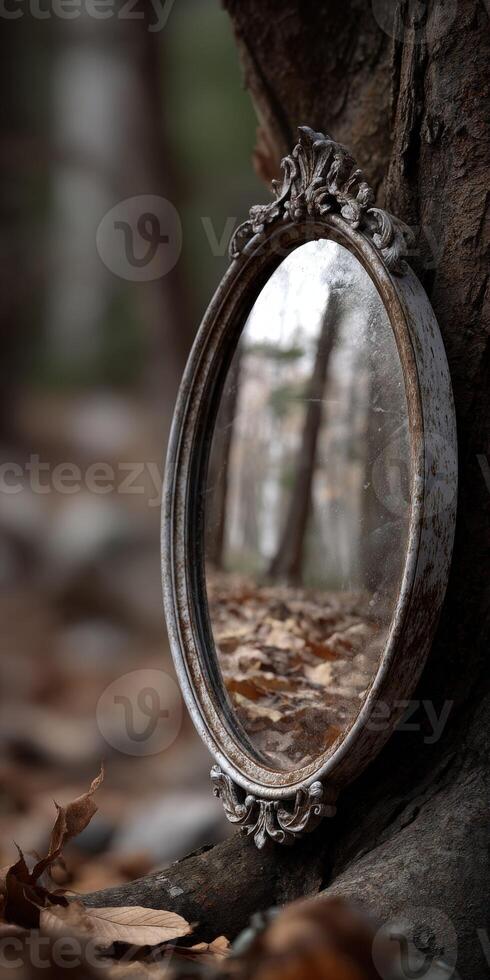 Oval ornate mirror leans against a tree in the forest photo