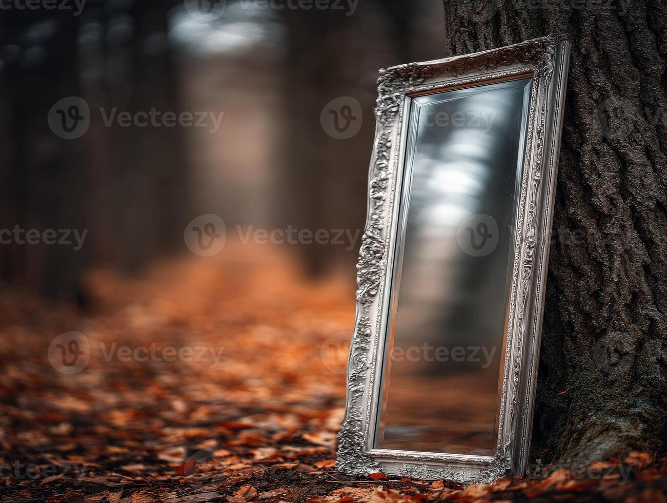 Silver framed mirror leans against tree in an autumn forest photo