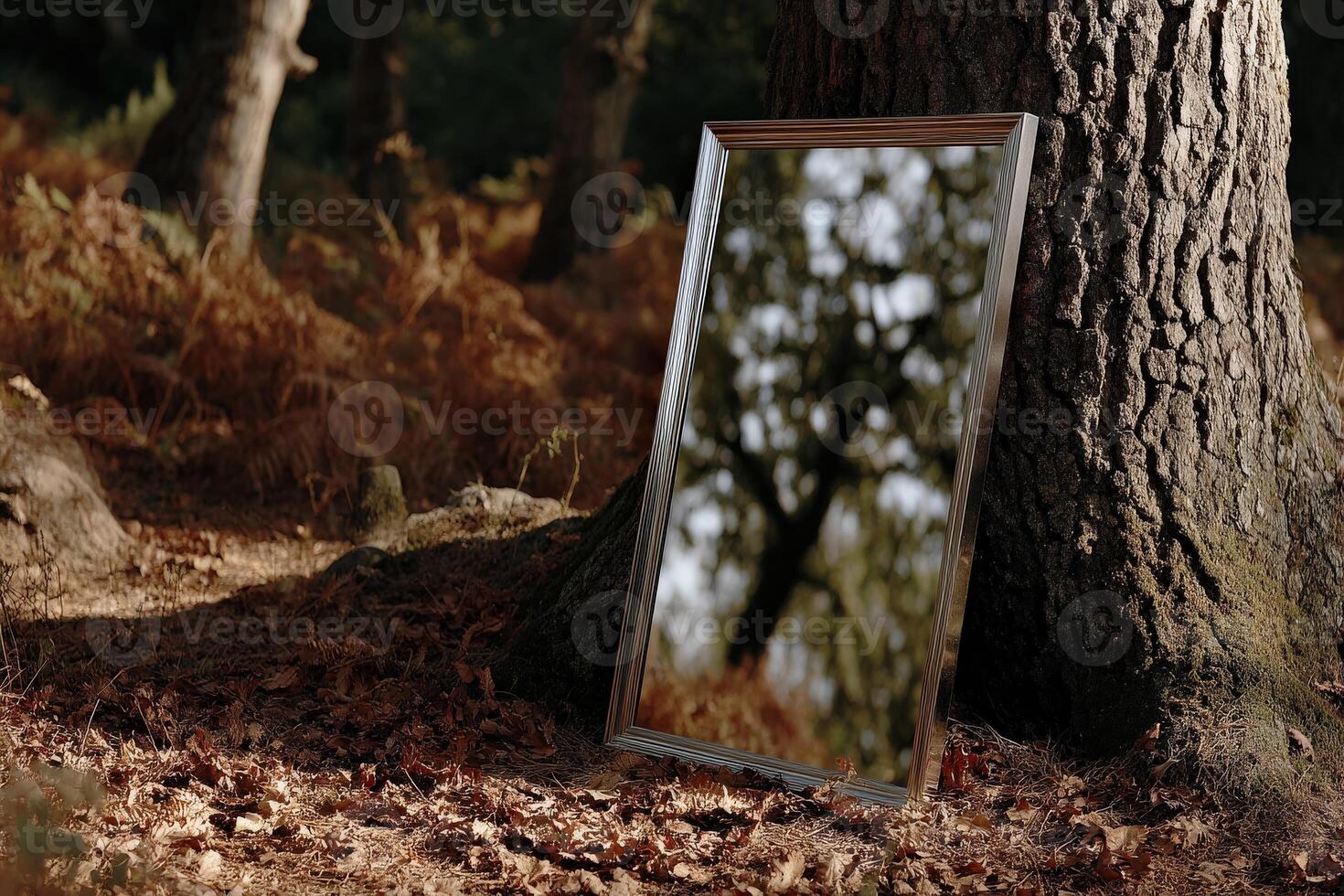 Old Rectangle Mirror against the Tree in Autumn Forest photo