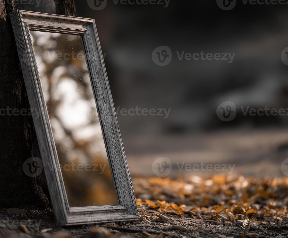 Wooden framed mirror leans against a tree in the woods photo