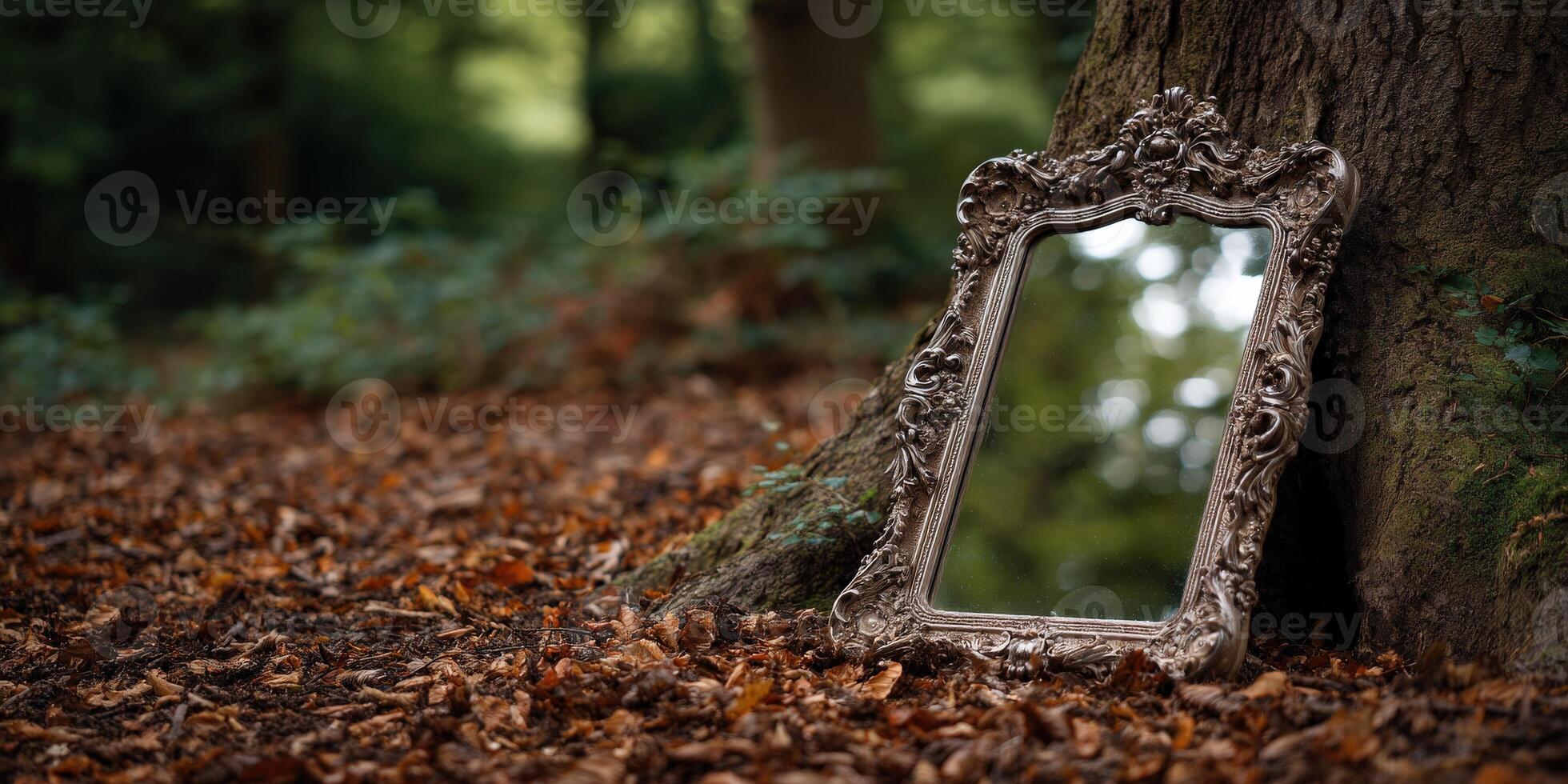 Ornate mirror leans against tree in lush autumn forest setting photo