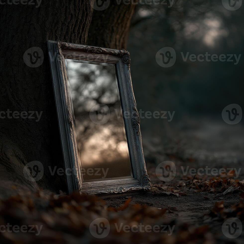 Antique mirror leaning against a tree in the woods at dusk photo