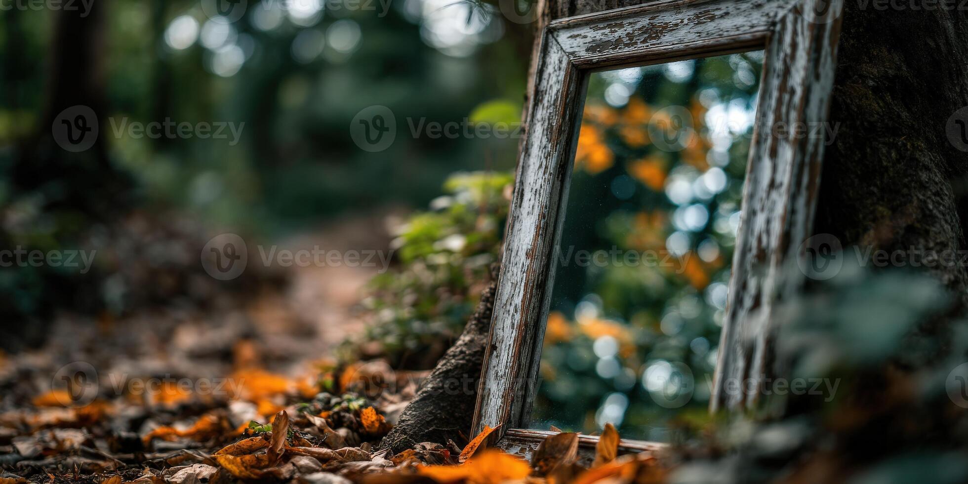 Old wooden frame leaning against tree in a forest during Autumn photo
