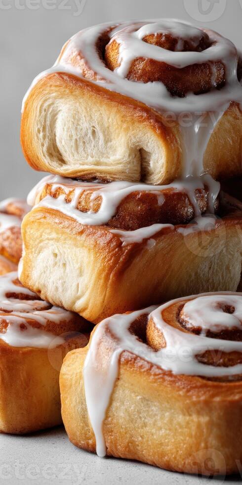 Stack of cinnamon rolls with icing dripping down the sides photo