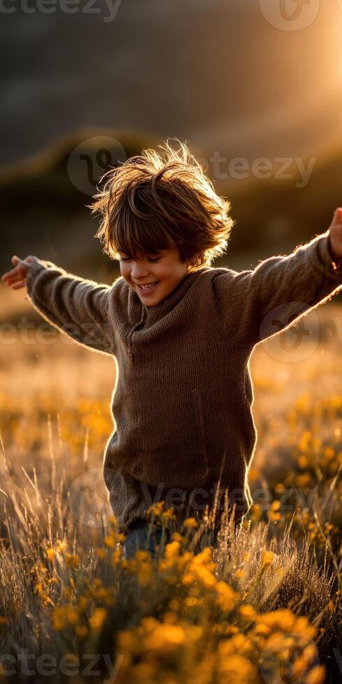 Boy running through field at sunset with open arms photo