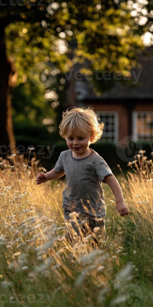 Young boy runs through tall grass in a summer field at dusk photo
