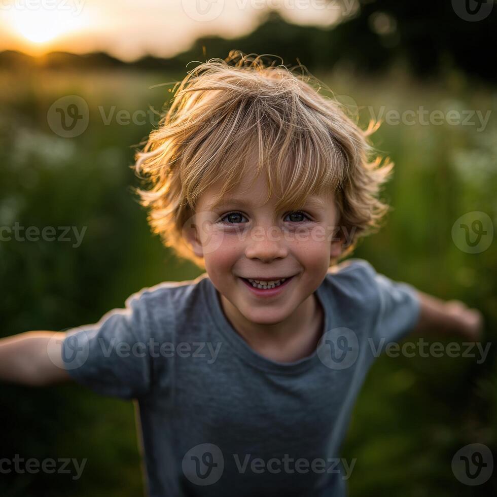Happy boy playing in a field at sunset in the countryside photo
