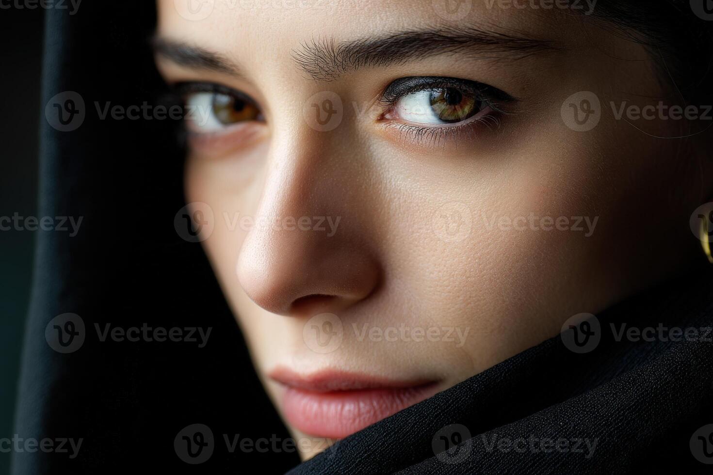 Close-up of woman with shawl and brown eyes gazing at camera photo