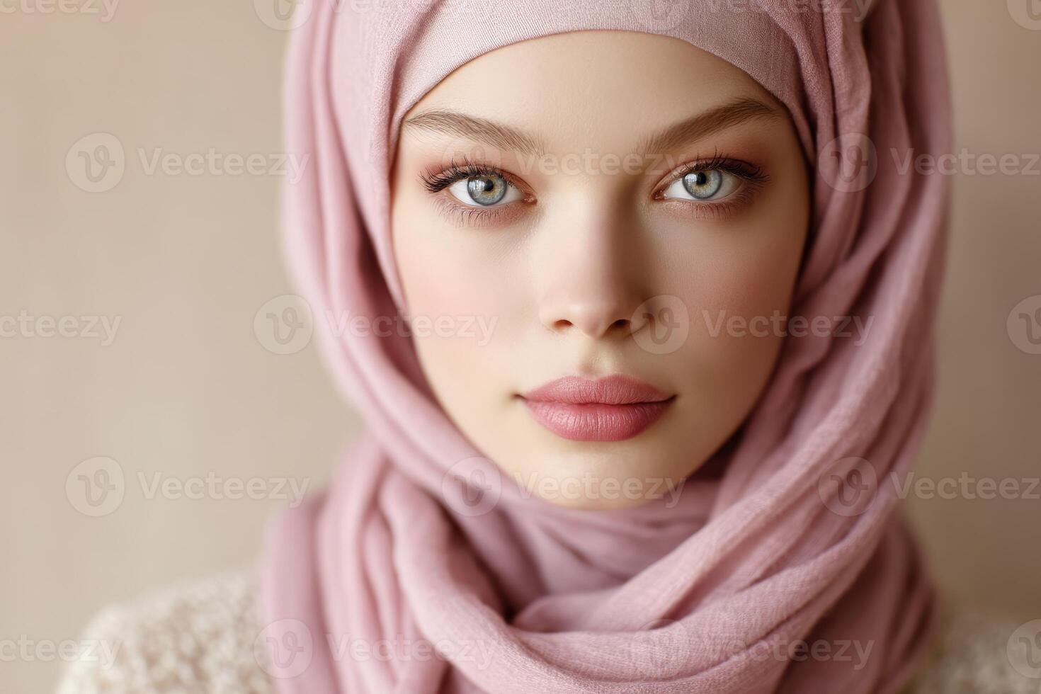 Young woman wearing a pink hijab looks at the camera photo