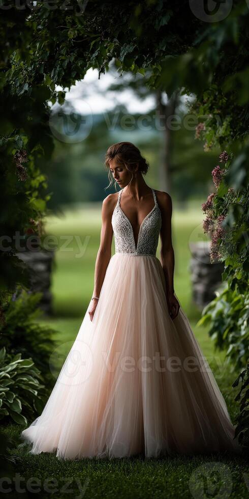 Elegant woman posing in a tulle gown in nature during daytime photo